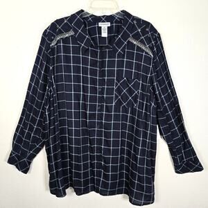 Catherines Blouse Women's 3X Blue Aqua Check Embellished Casual Classic Coastal